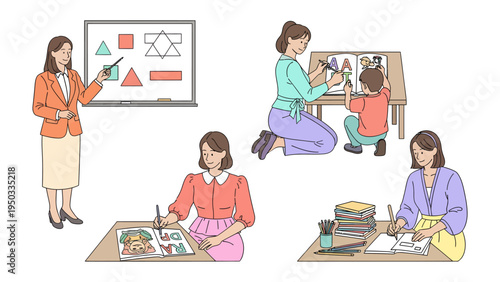 Education and Art: A collection of educational art scenes, demonstrating the process of education and art including teachers and learners.