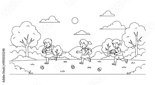 Happy kids on an exciting Easter egg hunt in a park, vibrant spring scene