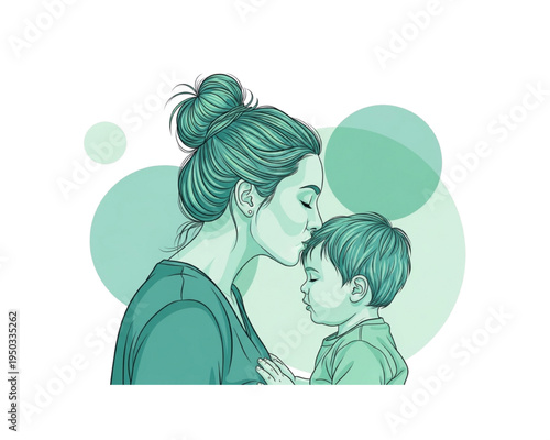 Mother kissing baby son on forehead vector illustration. Green monochromatic profile art. Mom with bun hairstyle showing love to boy. Tender line art design for Mothers Day card. Peaceful parenting.