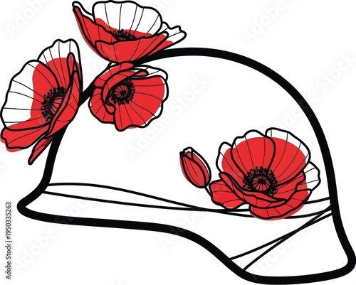 Stylized military helmet adorned with vibrant red poppies symbolizing remembrance and solemn tribute