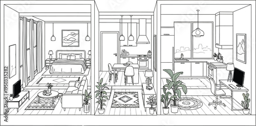 Minimalist apartment floor plan illustration featuring a bedroom, living room, modern kitchen, and functional home office space