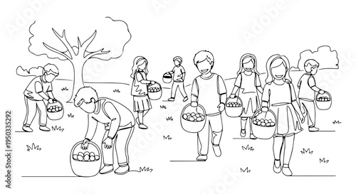Children gleefully participating in an Easter egg hunt with baskets, enjoying a festive outdoor activity