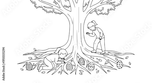 Kids Enjoying an Easter Egg Hunt Around a Tree