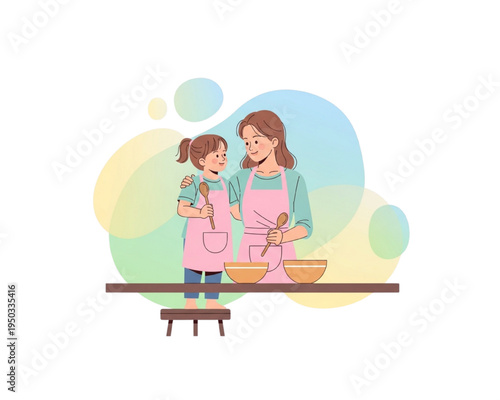 Mother and daughter cooking together wearing pink aprons. Mom teaching child baking in kitchen with bowls. Happy family culinary activity. Flat vector illustration.