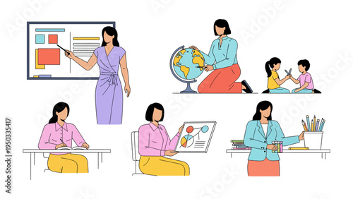 Teaching moments illustration: a set of illustrations showcasing a teacher in various classroom situations, educating and inspiring students with different activities.