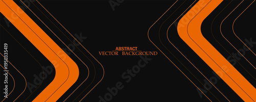 Black abstract wide horizontal banner with orange and gray lines, arrows and angles. Dark modern sporty bright futuristic abstract background. Wide vector illustration EPS10.