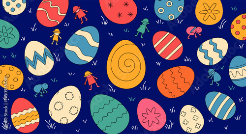 Seamless pattern for kids' Easter egg hunt featuring cute characters and colorful decorated eggs on a dark blue background