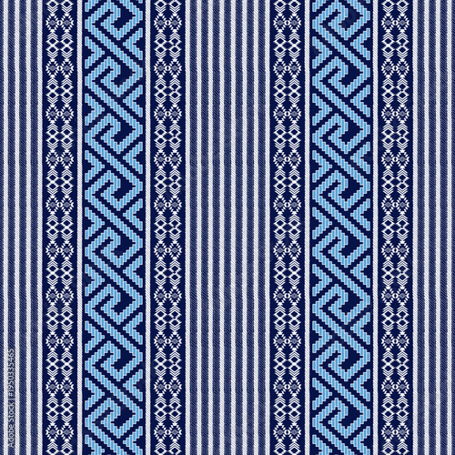 Seamless Geometric Pixel Pattern with Navy and Light Blue Vertical Borders