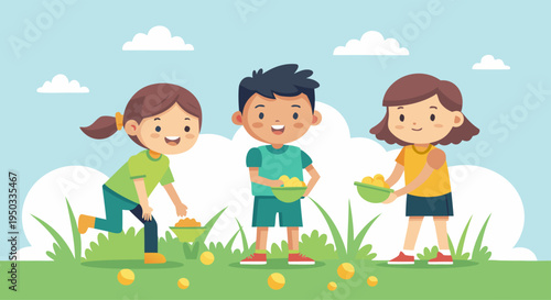 Happy kids on an exciting egg hunt in a sunny park, collecting treats together
