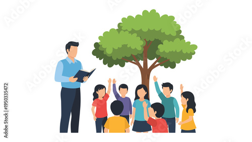 The Learning Tree: A teacher captivates a class of eager students beneath a sheltering tree, fostering a nurturing learning environment. 