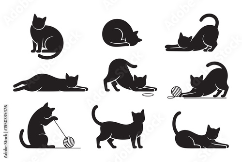 Set of black cat silhouettes in different poses like playing with yarn and stretching on a white background