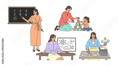 Woman in Different Roles: A collection of images showcases a woman in various roles, illustrating her versatility in multiple scenarios of everyday life.