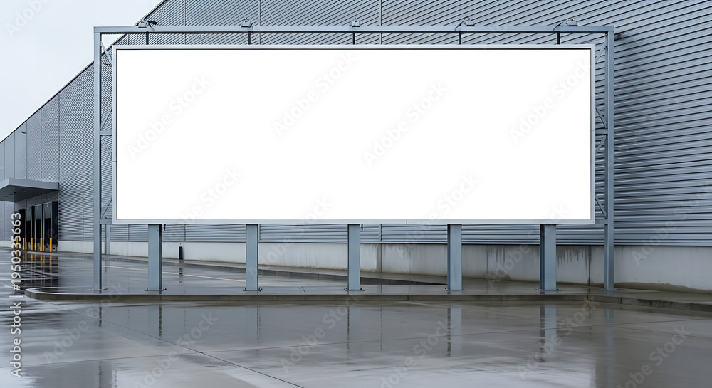 Obraz premium Industrial Warehouse Billboard After Rain with Blank Panel