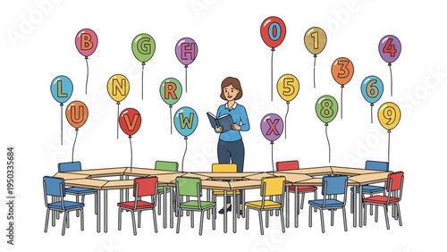 Engaging Learning in a Classroom: A dedicated teacher leads an interactive lesson in a colorful classroom, utilizing alphabet and number balloons to enhance the learning experience.