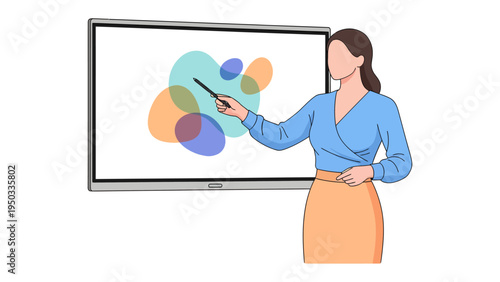 Presentation with a Point: An educator uses a pointer, showcasing concepts on a presentation board in a learning environment, highlighting engagement and guidance.