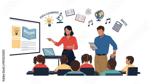 Enlightening the Classroom: Capturing a dynamic classroom scene where educators and students engage in interactive learning, with an emphasis on knowledge, creativity, and the joy of education. 