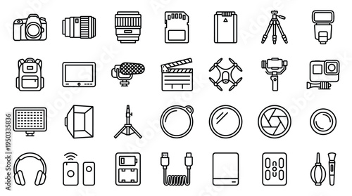 Photography and Videography Equipment Outline Icons Set