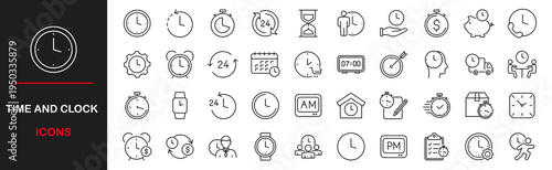 Time and clock web icons set. Time and clock - simple thin line icons collection. Containing timer, countdown, hour, calendar, alarm, date and more. Simple web icons set