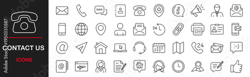 Contact us web icons set. Contact us - simple thin line icons collection. Containing mail, web site, chat, phone, email address, customer service, call symbol and more. Simple web icons set