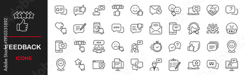 Feedback web icons set. Feedback - simple thin line icons collection. Containing rating, testimonials, quick response, satisfaction, review, emotion symbols and more. Simple web icons set