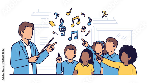Musical Harmony in the Classroom: An inspiring music instructor leads a group of eager students in a symphony of learning, conducting a vibrant lesson filled with floating musical notes and symbols.