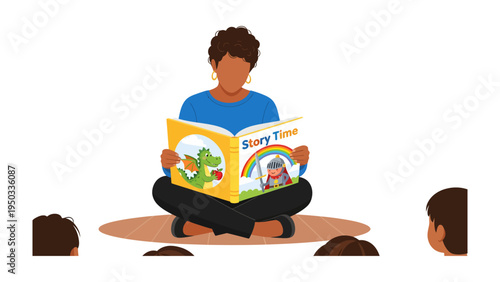 Reading Adventure: A moment of shared imagination as a woman reads aloud from a vibrant children's book, captivating the attention of young listeners and sparking a world of fantasy.