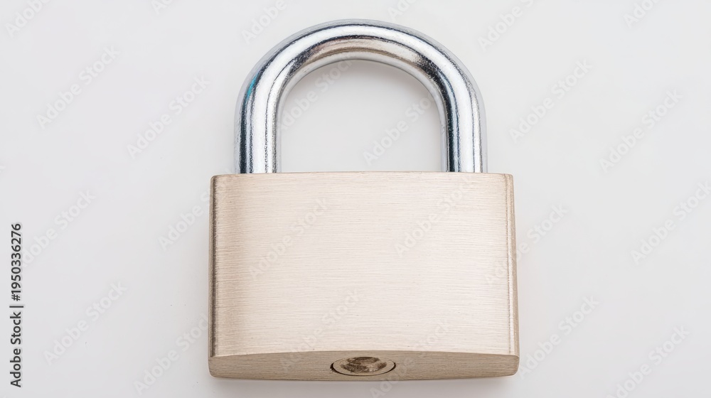 Naklejka premium Steel padlock isolated on white background. Metal security mechanism used for protection and safety. Concept of privacy, access control, cyber security and property safety for digital data.