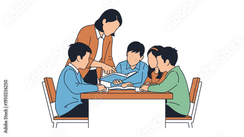 Education Moment: A teacher guides a group of attentive students, fostering learning and collaboration around a shared desk. The scene is illuminated by knowledge.