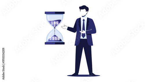 Time is Money: A sharply dressed figure presents an hourglass, representing the concept of the time being an asset in business and finance