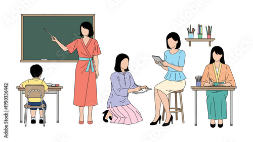 Instructional Oasis: Depicting a classroom, where dedicated educators and curious students engage in learning, illustrating a space of growth and knowledge.