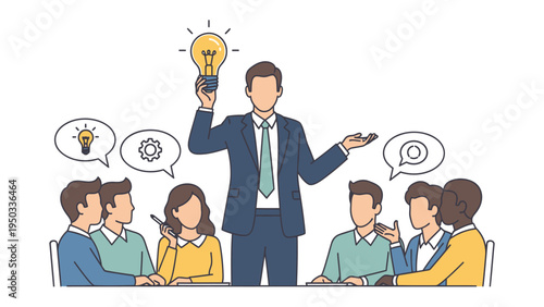 Brainstorming Brilliance: A team gathers around a table, the visionary leader holds a glowing lightbulb representing fresh concepts, fueling discussion.