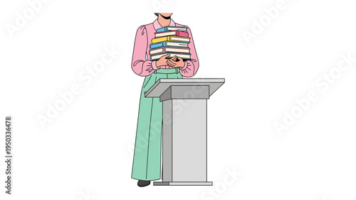 Scholar Standing: A person, holding a stack of books, stands at a podium, conveying themes of education and knowledge. 