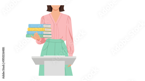 Academic Presentation: A figure, ready to deliver a speech, holds a stack of books as she stands behind a lectern, setting the stage for an engaging lecture, demonstration the passion for education.