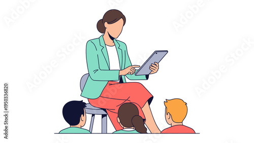 Teacher Inspiring Young Minds: A dedicated teacher captivates a classroom of children, sharing knowledge through a digital tablet, fostering a world of discovery.