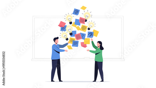 Brainstorming Duo: Illustrating the creative exchange as two people collaborate, ideas soar with lightbulb icons and colorful notes rising above them, symbolizing innovation and teamwork.