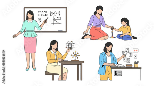 Educational Moments: Illustrations of educators and pupils engaged in various scholastic pursuits, ideal for visualizing educational concepts and learning settings.