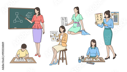 Nurturing Minds in Classrooms: A collection of educators engage in a series of pedagogical interactions, guiding and shaping young minds through diverse learning scenarios.