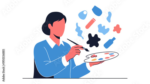 Creative Vision: An artist with paint brush in hand and a palette of colors, bringing to life a vibrant world of shapes and forms, expressing artistic inspiration and creative energy.