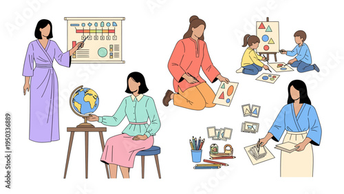 Teaching Moments: Depicting various moments of educators in action, sharing knowledge, and fostering creativity within a learning environment.