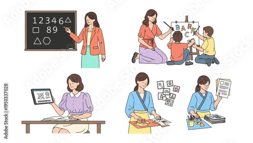 Teaching Moments: A compilation of educational scenes showing educator instructing children in various learning environments, showcasing the art of teaching, guidance, and the pursuit of knowledge.