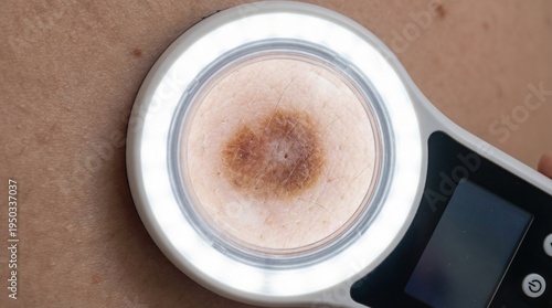 A dermatoscope examines a skin mole, highlighting the importance of regular skin checks and early detection for health. Ideal for medical, dermatology, and wellness publications.