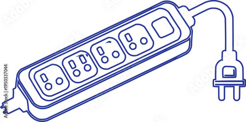 The image you described features a blue line art illustration of a surge protector, which is a device designed to protect electronic equipment from voltage spikes