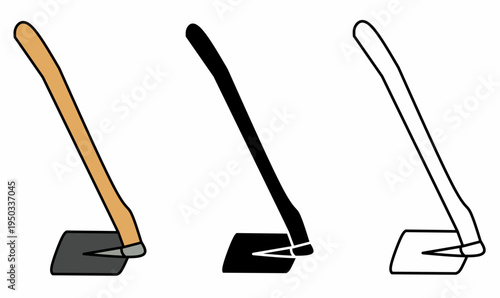 Javanese traditional hoe farming tool icon set with wooden handle and flat metal blade. vector illustration for agriculture, soil digging, gardening. Outline, silhouette and colored styles.