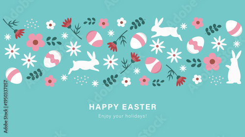 かわいいイースターデザイン　花と卵とウサギのシルエット(Cute Easter design. Flower, easter eggs and bunnies.)