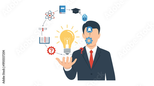 Idea Generation and Brainstorming: The illustration features a man juggling a lightbulb, surrounded by symbols, symbolizing the process of idea generation and brainstorming.