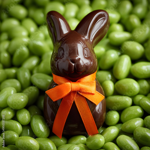 Close-up of a chocolate Easter bunny with a bright orange ribbon sitting on a bed of green jelly beans. - Image #1 @Ai content creator