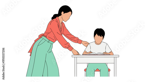 Guiding Light: A compassionate teacher leans in, offering gentle guidance to a focused student, fostering a nurturing learning environment filled with care and education.