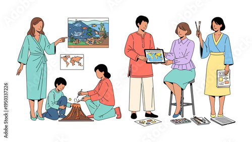 Creative Minds in Action: Diverse individuals engage in various creative and educational activities, illustrating the essence of learning and imagination. 