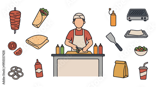 Middle Eastern Chef Preparing Kebab with Doner Meat and Shawarma Icons Set