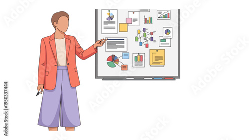 Business Presentation: An individual, clad in business attire, stands before a display of diagrams and information. They are actively engaged in presenting. 